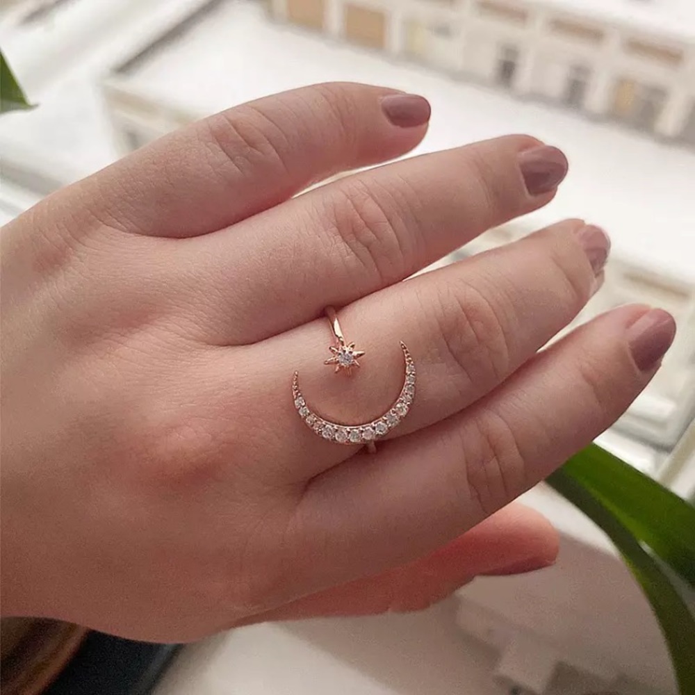 “Nova” Moon Star Diamond Boho Adjustable Cute Ring - Picture 10 of 11